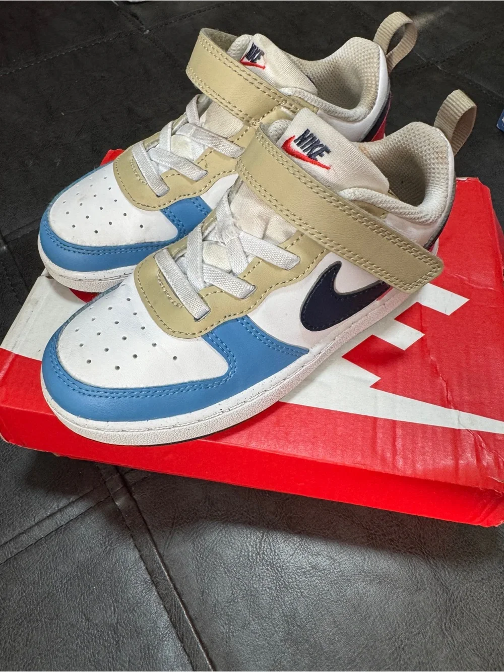 Nike Kids White, Blue & Tan Velcro Low-Top Sneakers